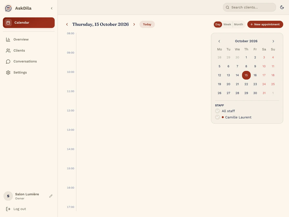 Calendar for Thursday, 15 October 2026 with the day's appointments